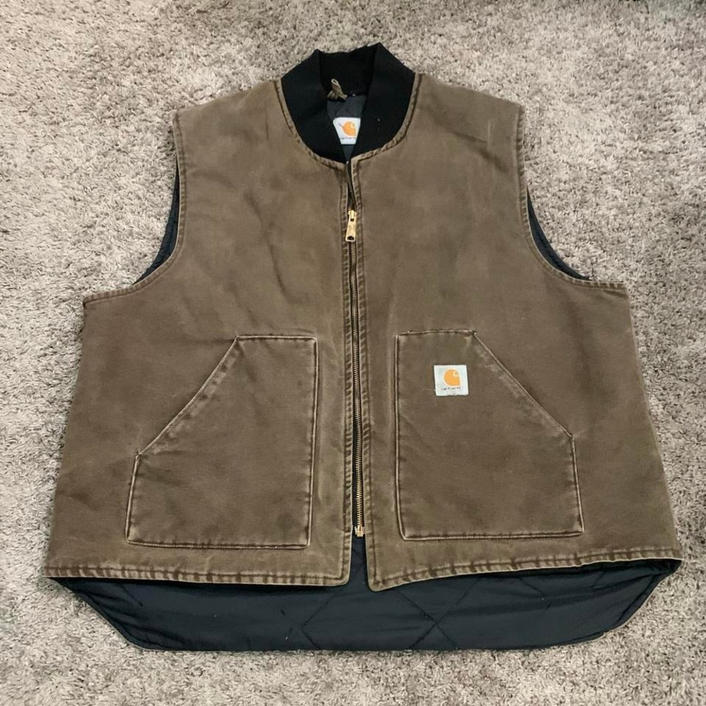 Vintage Carhartt brown canvas, quilted vest with black collar